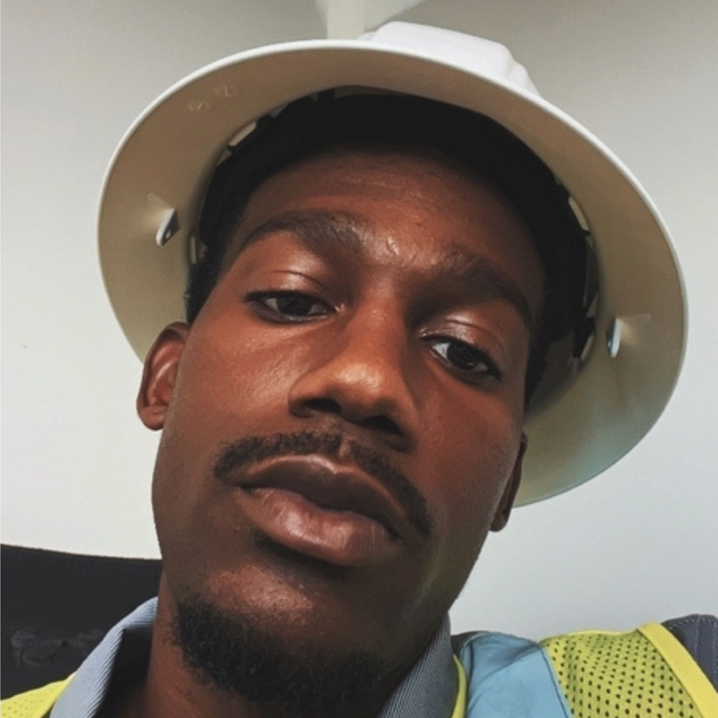 Portrait-style graphic featuring a Greenville Tech Foundation student spotlight. A young man wearing a white hard hat and high-visibility safety vest looks directly at the camera. His photo is displayed within a Polaroid-style frame taped to a light gray background. The Greenville Tech Foundation logo appears at the top, and the text below the photo reads, “My Name Is Seandrick.” The image conveys a construction or skilled trades student introducing himself as part of a student success story series.