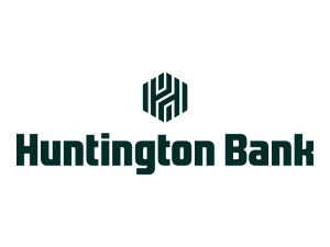 The Huntington Bank logo features a dark green geometric hexagon icon above the words "Huntington Bank" in bold dark green lettering on a white background.