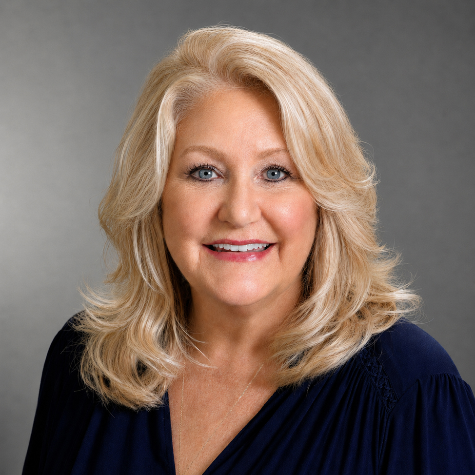 Professional headshot of Cindy Duncan, smiling with blonde hair and wearing a navy blue top against a neutral gray background.
